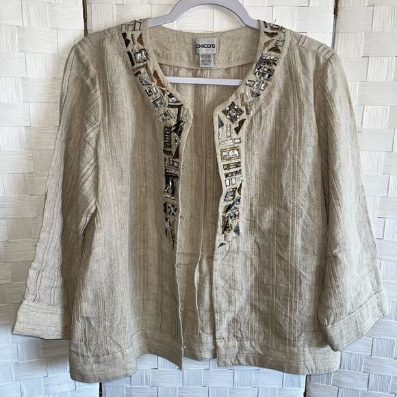 Chico’s Womens Tunic Linen Blend Blazer Jacket Size Medium Jewl Embroidered - Picture 8 of 16